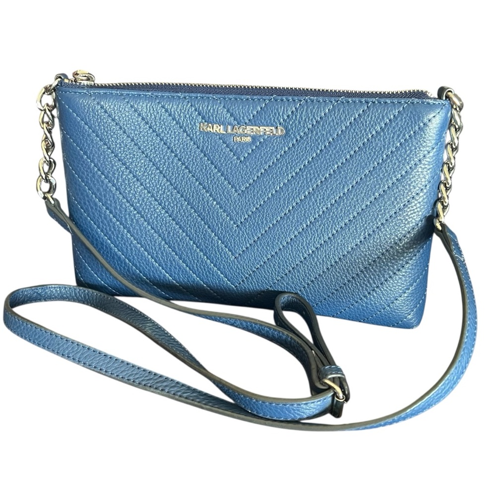Karl Lagerfeld Paris Chevron Blue AdjustableStrap Quilted Chain Crossbody Bag